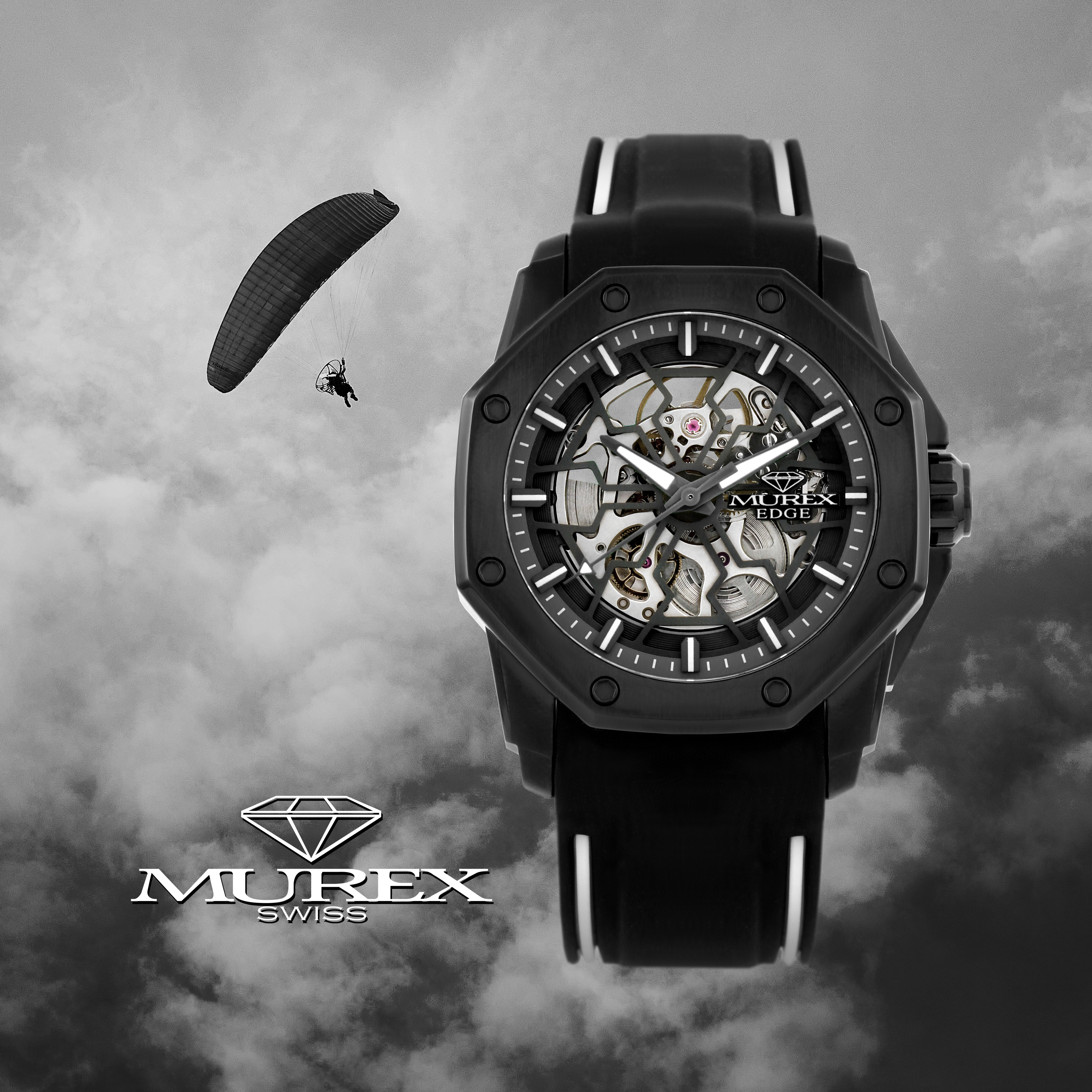 Paraglider flying in the cloudy sky. Extreme activity, hobby and sport